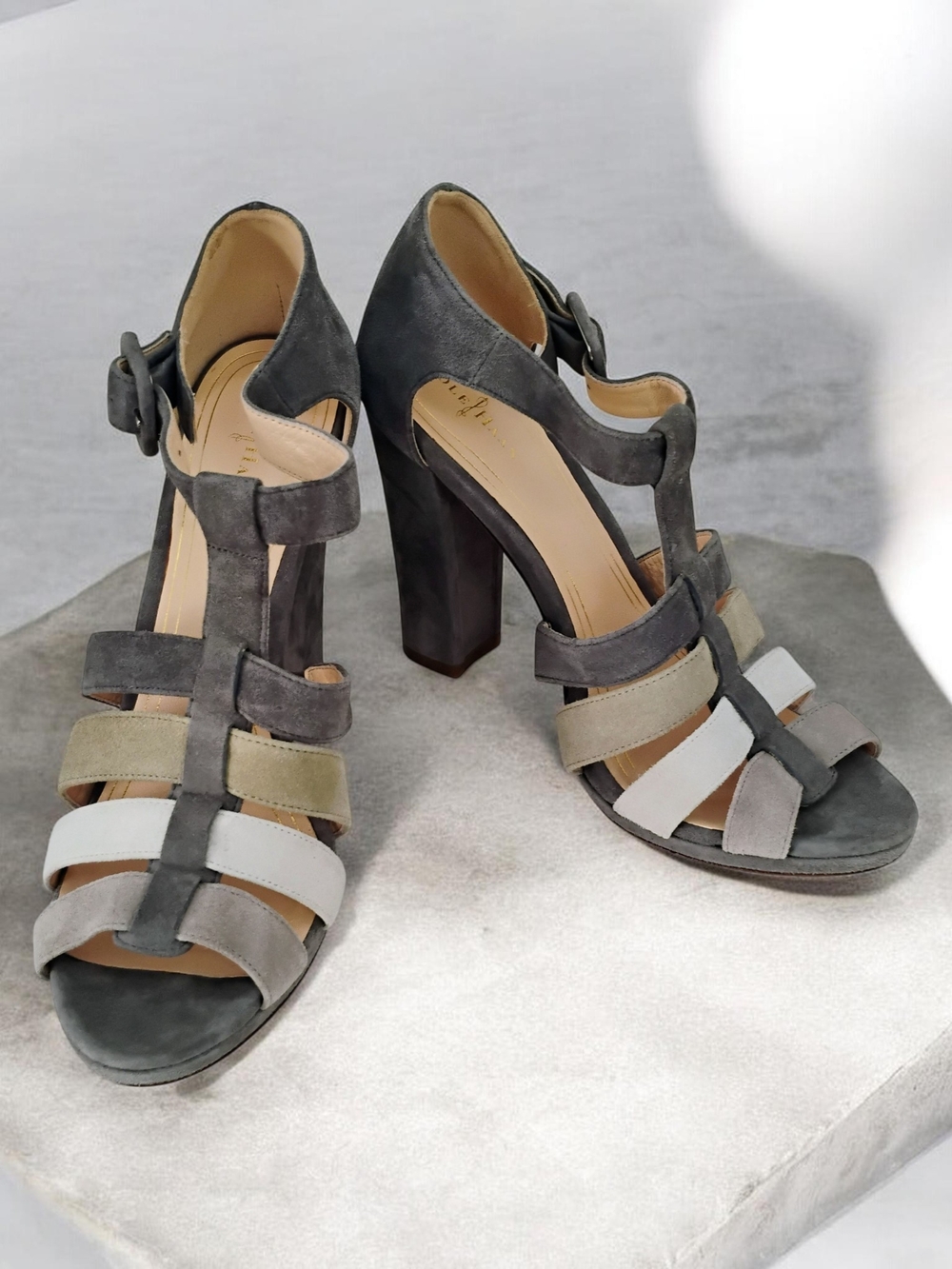 Cole Haan Chelsea Multi-Tone SuedeT-Strap Block Heel Sandals Gray, Sage Cream 9